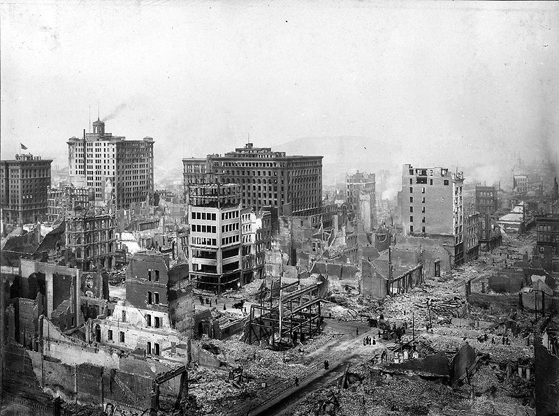 San Francisco Earthquake of 1906: Ruins in vicinity of Post and Grant Avenue. Looking northeast (via WikiPedia)